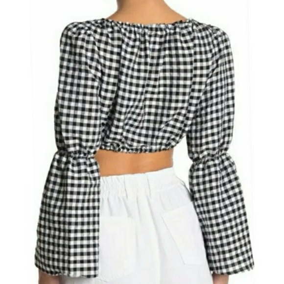 TOPSHOP Black White Gingham Plaid Print Flare Long Sleeve Crop Top 10 NWT - Picture 2 of 9